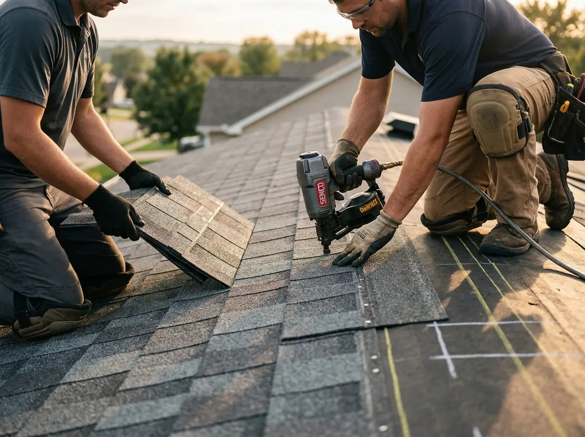 Professional roofer working on a residential roof in Springdale